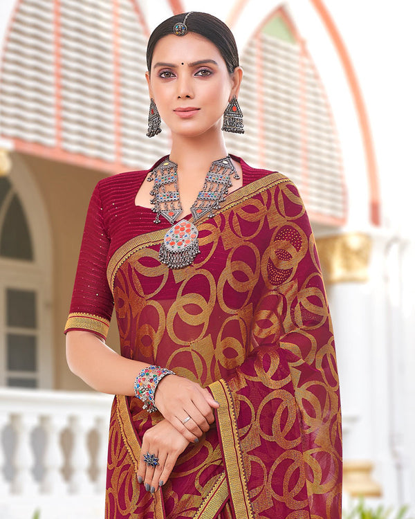 Vishal Prints Burgundy Brasso Saree With Diamond Work And Zari Border