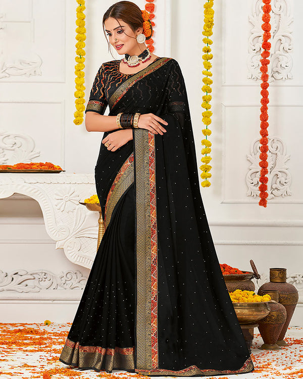 Vishal Prints Black Chiffon Saree With Diamond Work And Fancy Zari Border