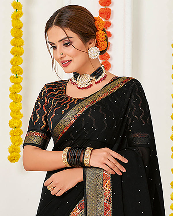 Vishal Prints Black Chiffon Saree With Diamond Work And Fancy Zari Border