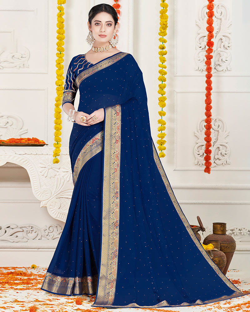 Vishal Prints Ink Blue Chiffon Saree With Diamond Work And Fancy Zari Border