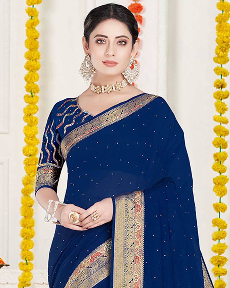 Vishal Prints Ink Blue Chiffon Saree With Diamond Work And Fancy Zari Border