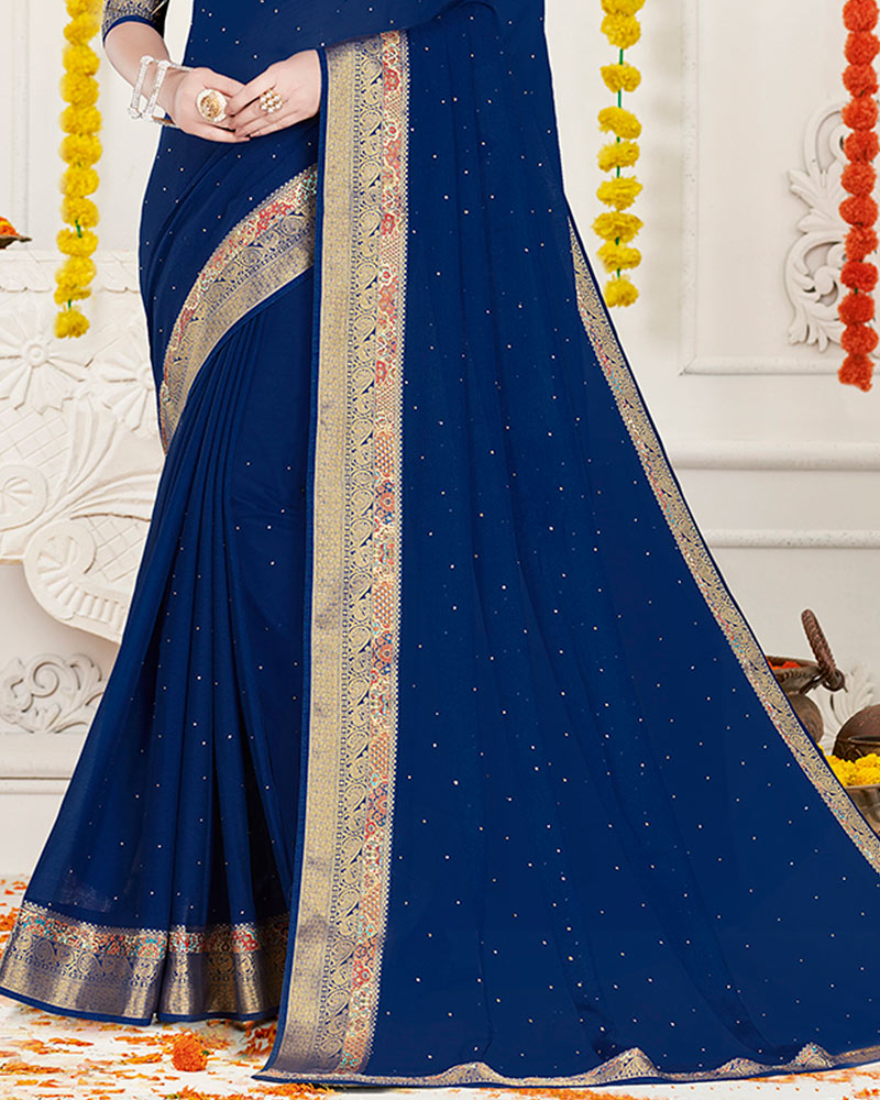 Vishal Prints Ink Blue Chiffon Saree With Diamond Work And Fancy Zari Border