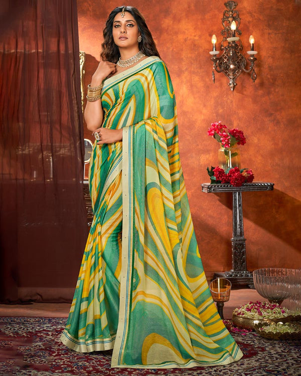 Vishal Prints Tea Green Printed Chiffon Brasso Saree With Border