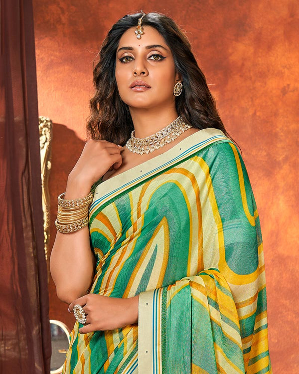 Vishal Prints Tea Green Printed Chiffon Brasso Saree With Border