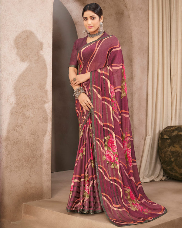 Vishal Prints Wine Printed Brasso Saree With Fancy Border