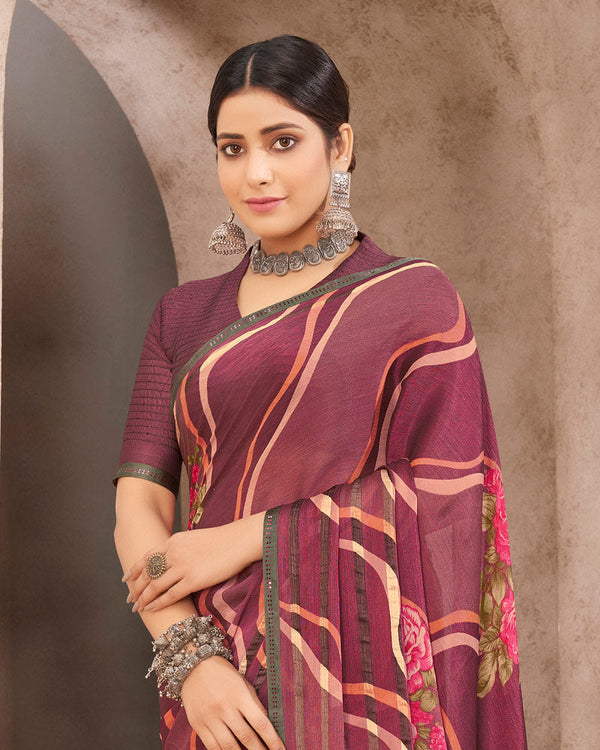 Vishal Prints Wine Printed Brasso Saree With Fancy Border