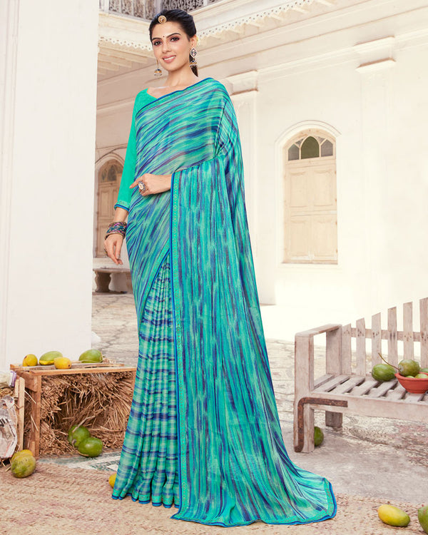 Vishal Prints Turquoise Green Printed Brasso Saree With Fancy Border