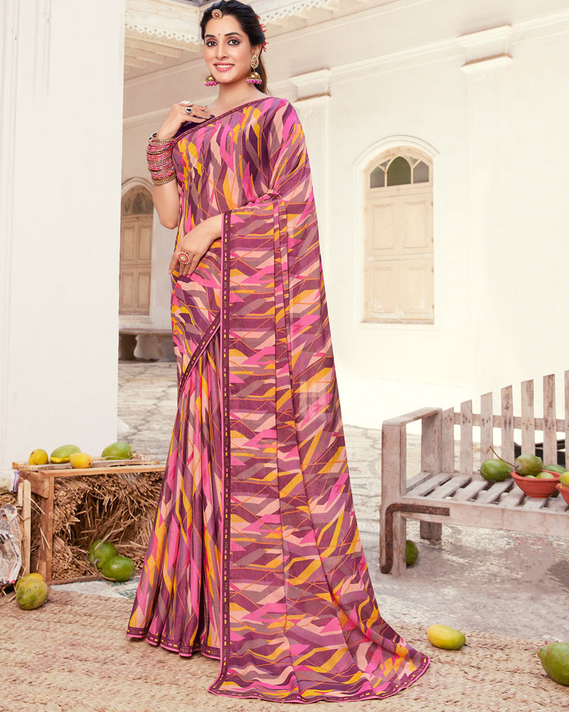 Vishal Prints Wine Printed Brasso Saree With Fancy Border