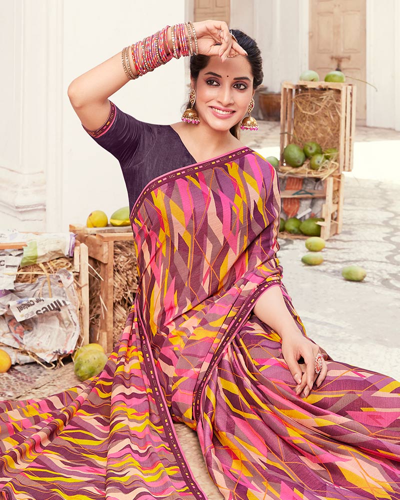 Vishal Prints Wine Printed Brasso Saree With Fancy Border