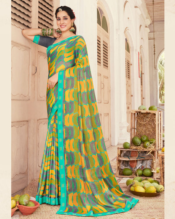 Vishal Prints Aqua Green Printed Brasso Saree With Fancy Border