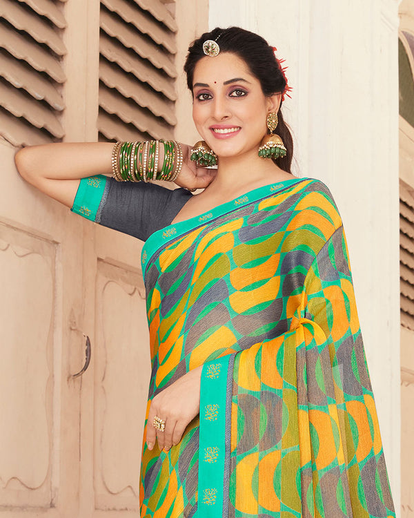 Vishal Prints Aqua Green Printed Brasso Saree With Fancy Border