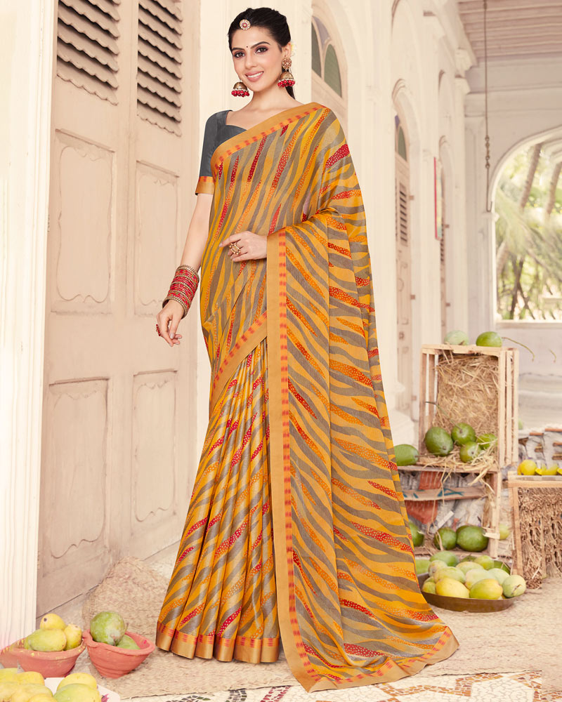 Vishal Prints Mustard Printed Brasso Saree With Fancy Border