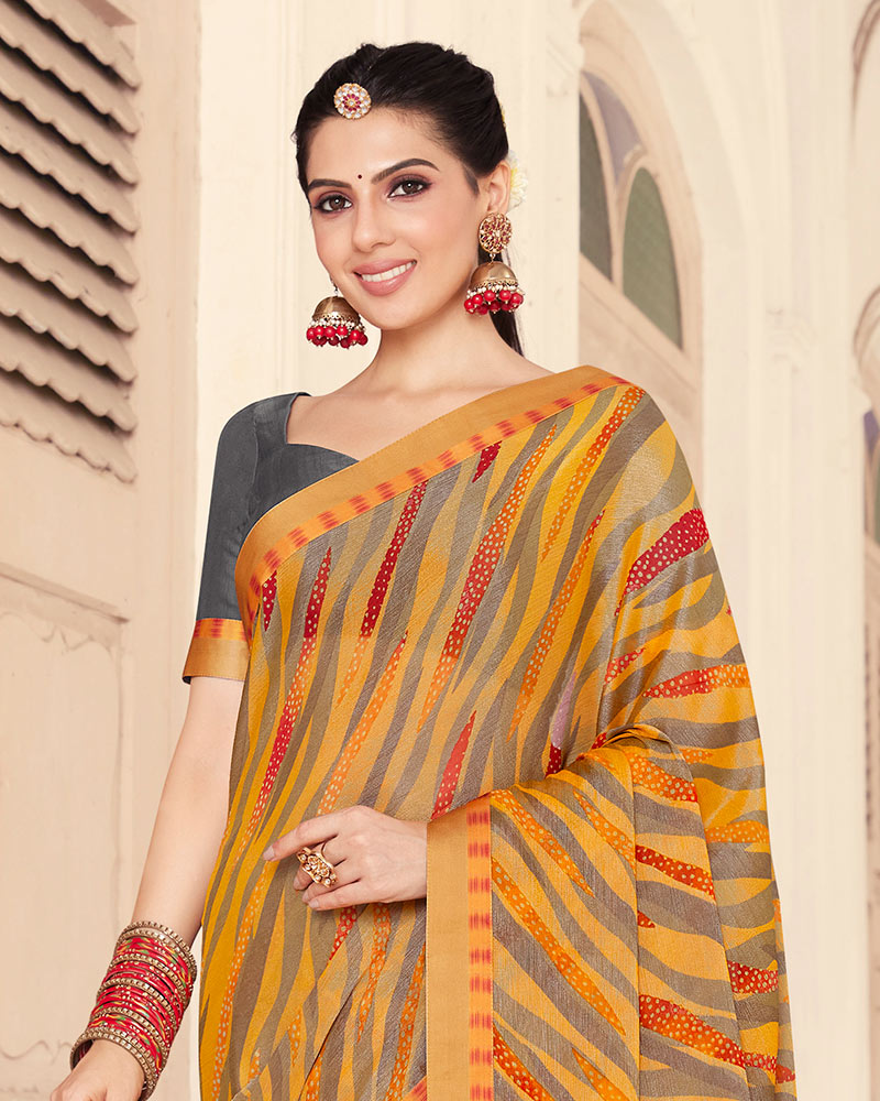 Vishal Prints Mustard Printed Brasso Saree With Fancy Border