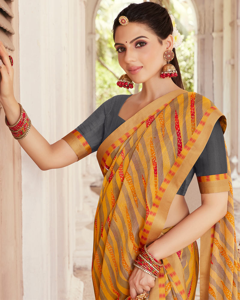 Vishal Prints Mustard Printed Brasso Saree With Fancy Border