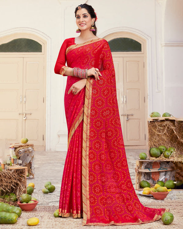 Vishal Prints Cherry Red Printed Brasso Saree With Fancy Border