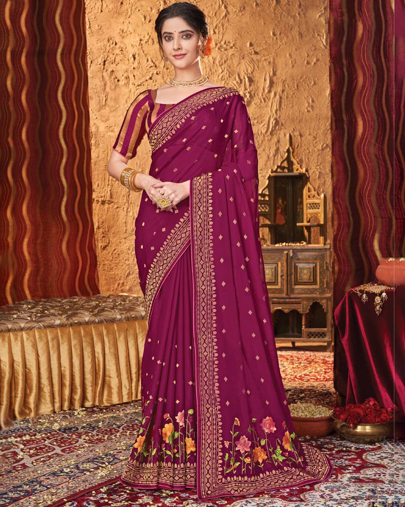 Vishal Prints Wine Chiffon Saree With Embroidery Work