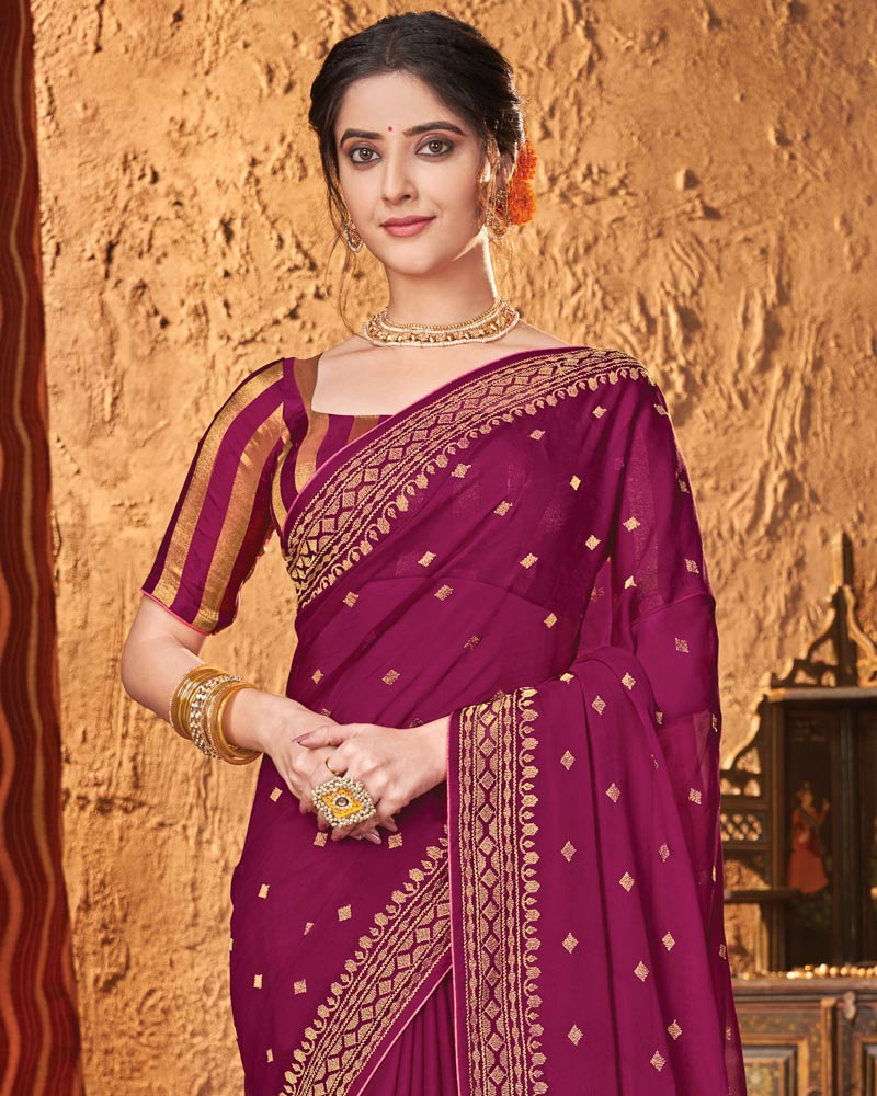 Vishal Prints Wine Chiffon Saree With Embroidery Work