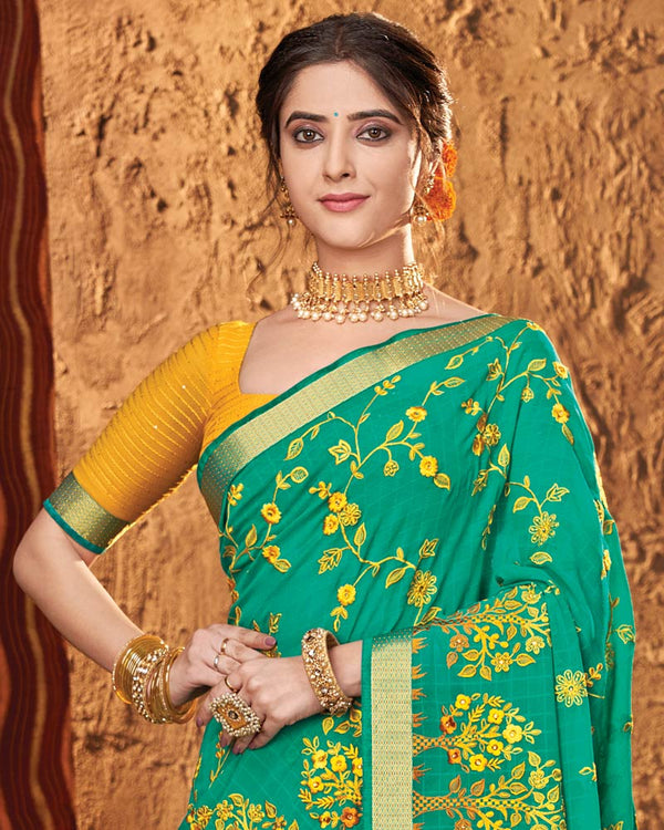 Vishal Prints Aqua Green Chiffon Saree With Embroidery Work