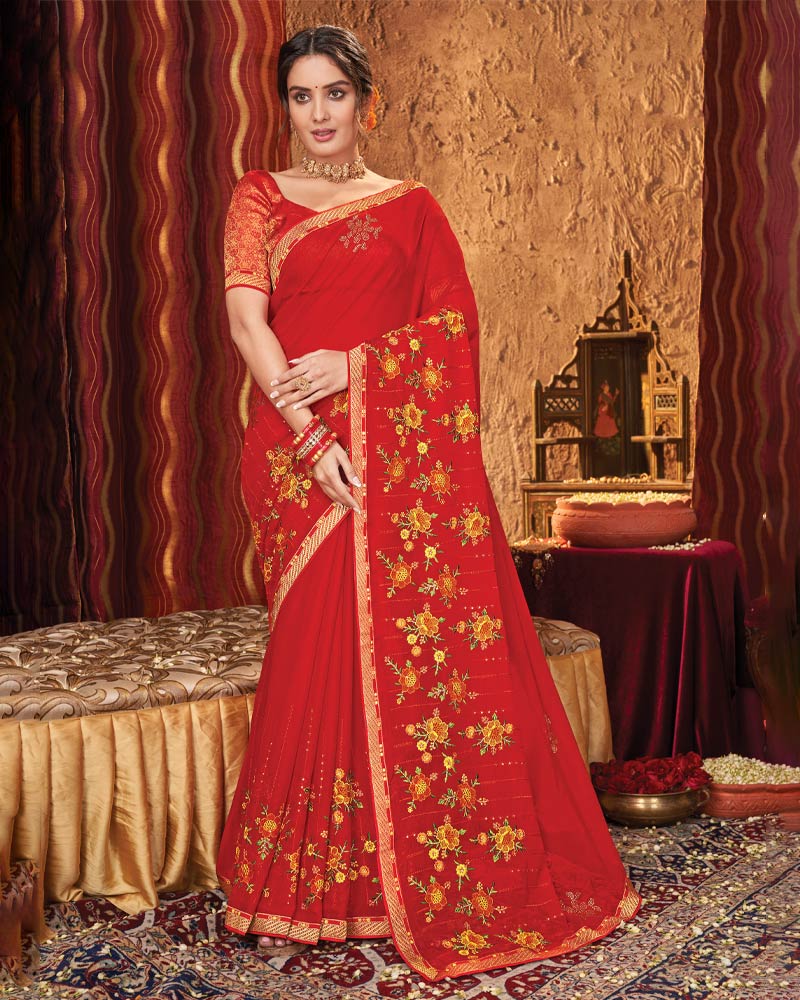 Vishal Prints Red Chiffon Saree With Embroidery Work