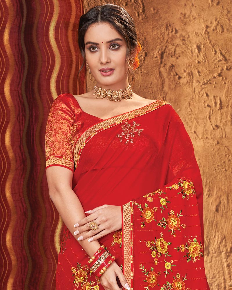 Vishal Prints Red Chiffon Saree With Embroidery Work