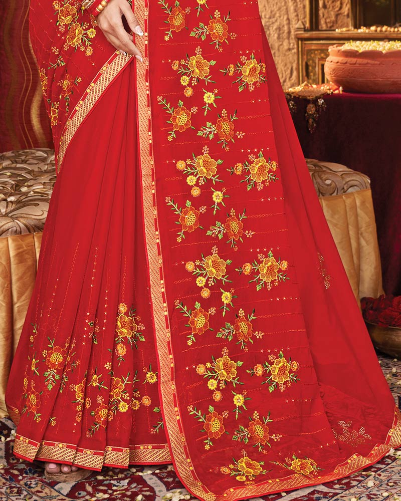 Vishal Prints Red Chiffon Saree With Embroidery Work