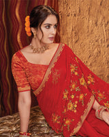 Vishal Prints Red Chiffon Saree With Embroidery Work