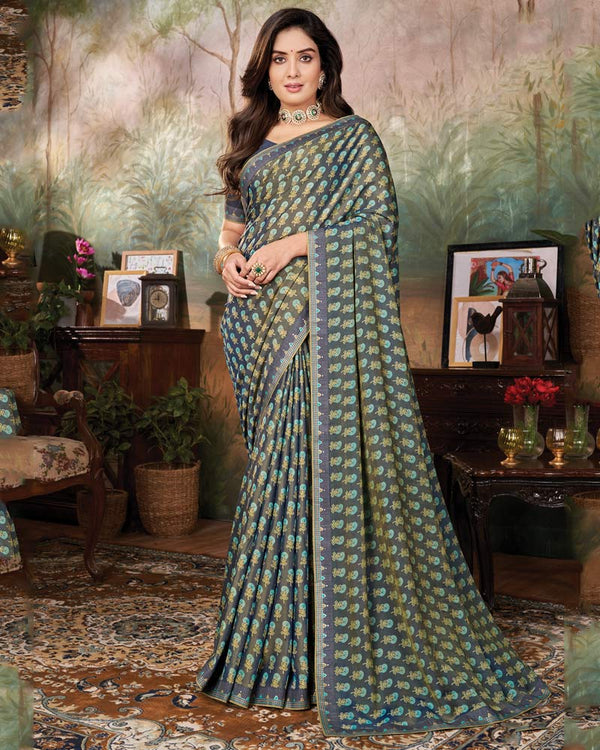 Vishal Prints Bluish Grey Printed Cotton Silk Saree With Fancy Border