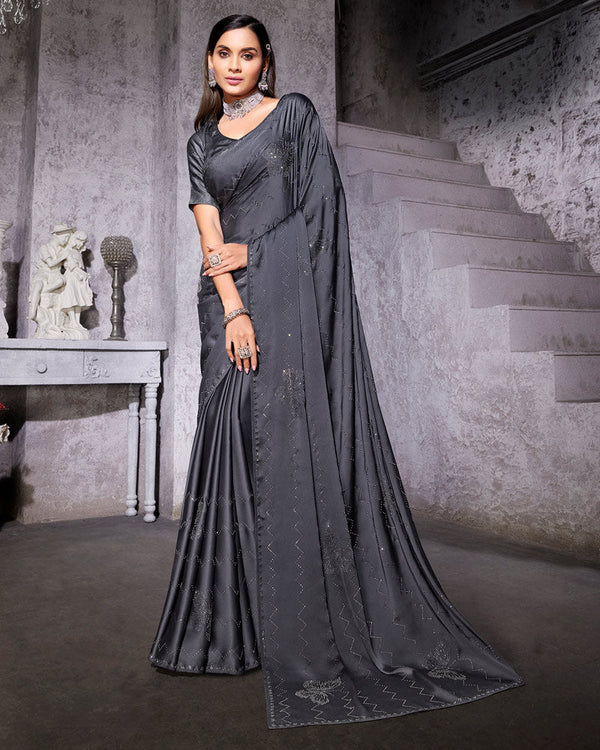 Vishal Prints Carbon Grey Satin Saree With Stone-Diamond Work