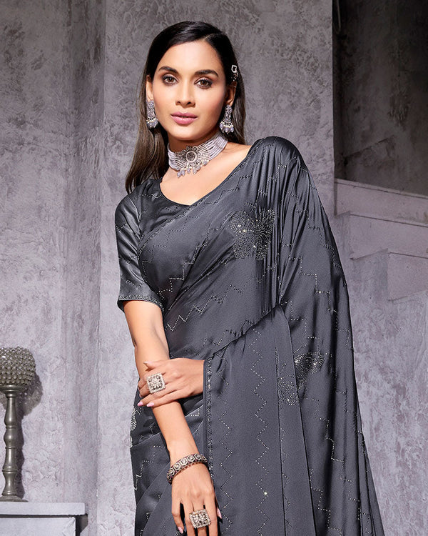 Vishal Prints Carbon Grey Satin Saree With Stone-Diamond Work