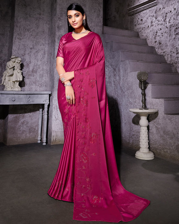 Vishal Prints Dark Rose Satin Saree With Stone-Diamond Work