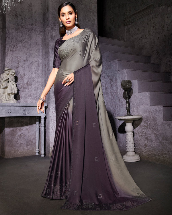 Vishal Prints Warm Grey And Charcoal Grey Satin Saree With Stone-Diamond Work