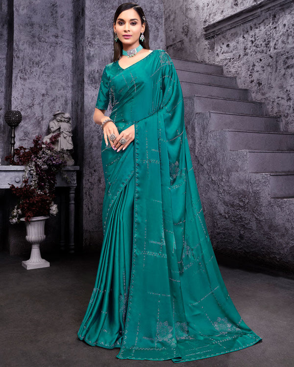 Vishal Prints Dark Aquamarine Satin Saree With Stone-Diamond Work