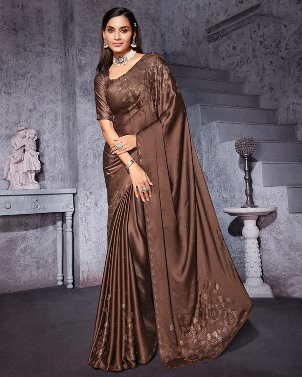 Vishal Prints Coffee Satin Saree With Stone-Diamond Work