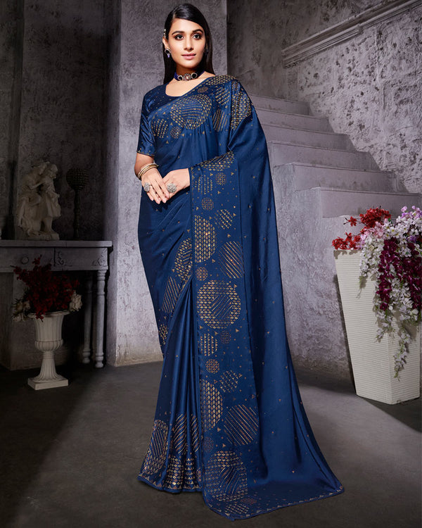 Vishal Prints Blue Satin Saree With Stone-Diamond Work