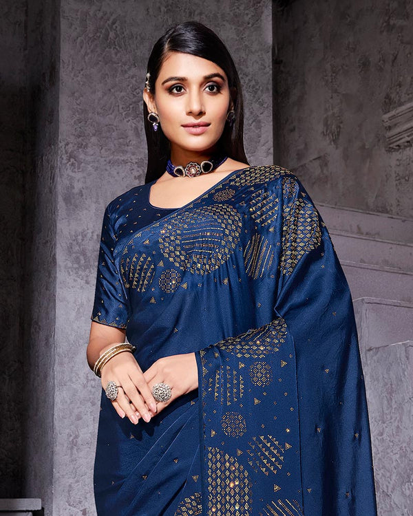 Vishal Prints Blue Satin Saree With Stone-Diamond Work