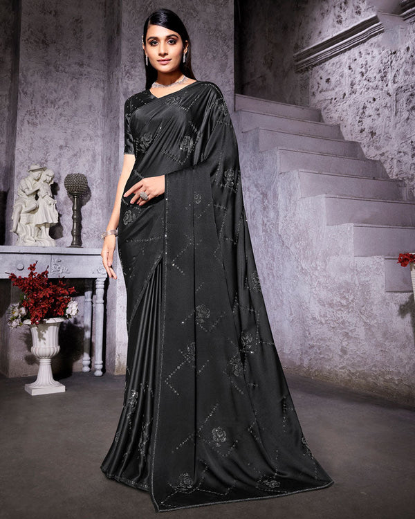 Vishal Prints Black Satin Saree With Stone-Diamond Work