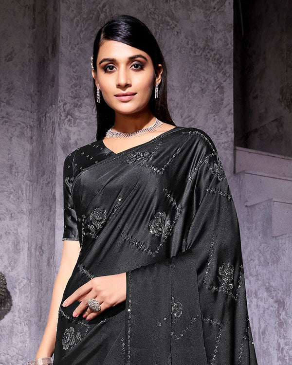 Vishal Prints Black Satin Saree With Stone-Diamond Work