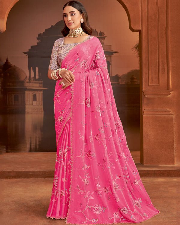 Vishal Prints Carmine Pink Designer Fancy Chiffon Saree With Embroidery-Diamond Work And Cut Work Border