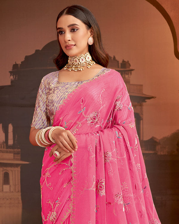 Vishal Prints Carmine Pink Designer Fancy Chiffon Saree With Embroidery-Diamond Work And Cut Work Border