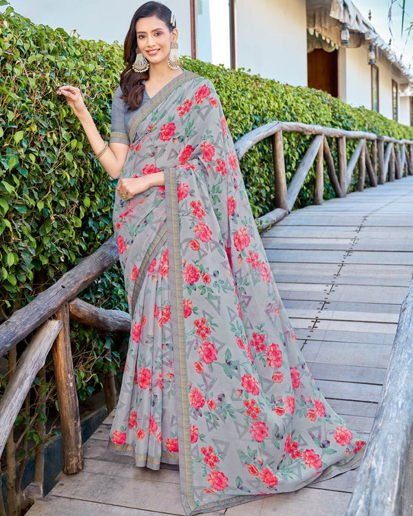 Vishal Prints Silver Printed Brasso Saree With Fancy Border