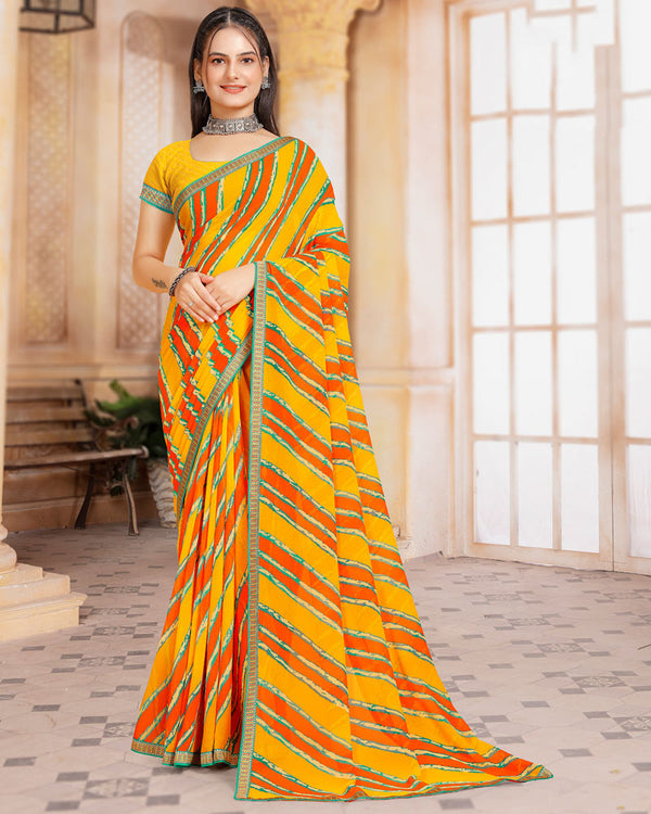 Vishal Prints Dark Yellow Printed Georgette Saree With Zari Border