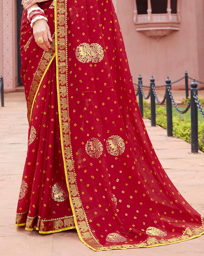 Vishal Prints Maroon Printed Chiffon Saree With Foil Print And Border