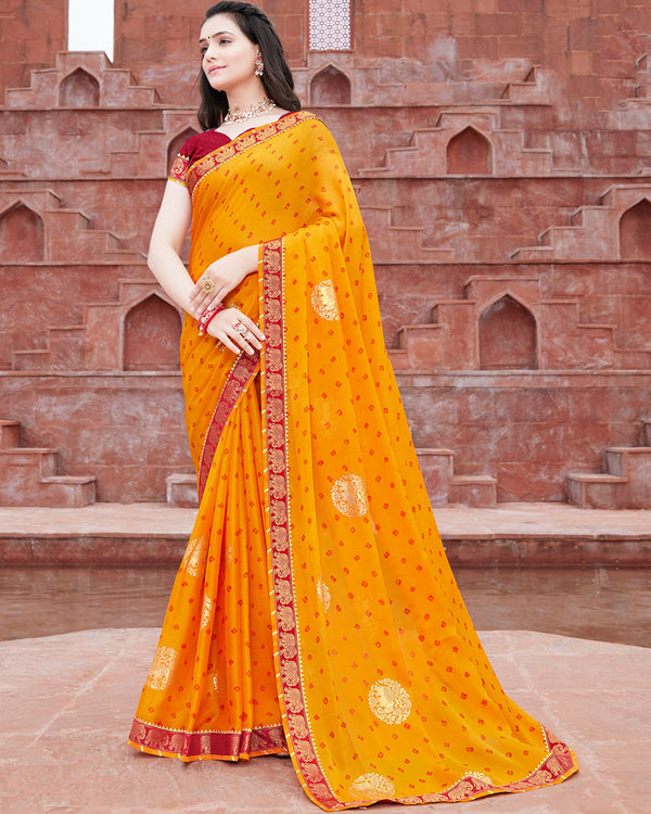 Vishal Prints Yellowish Orange Printed Chiffon Saree With Foil Print And Border