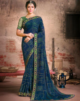 Vishal Prints Navy Blue Fancy Brasso Saree With Foil Print And Zari Border