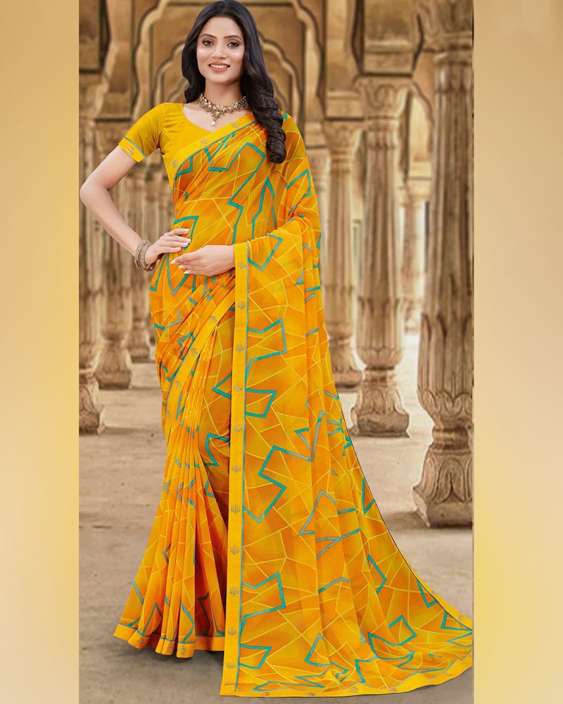 Vishal Prints Dark Yellow Printed Georgette Saree With Fancy Border