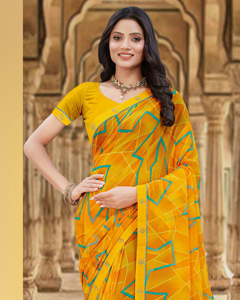 Vishal Prints Dark Yellow Printed Georgette Saree With Fancy Border