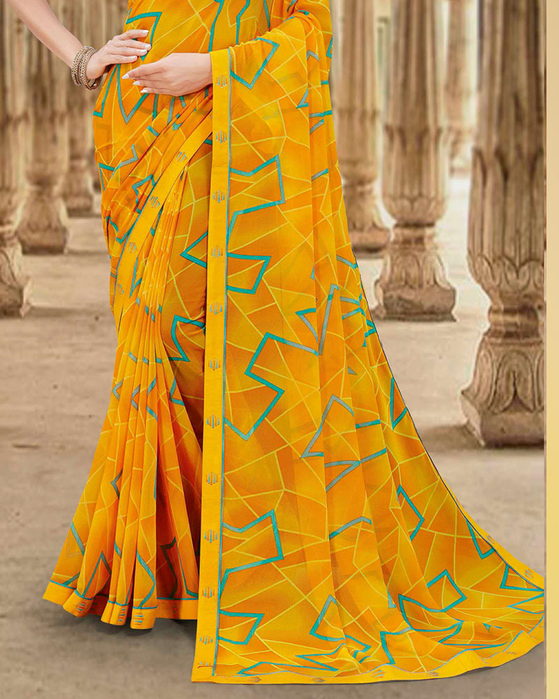 Vishal Prints Dark Yellow Printed Georgette Saree With Fancy Border