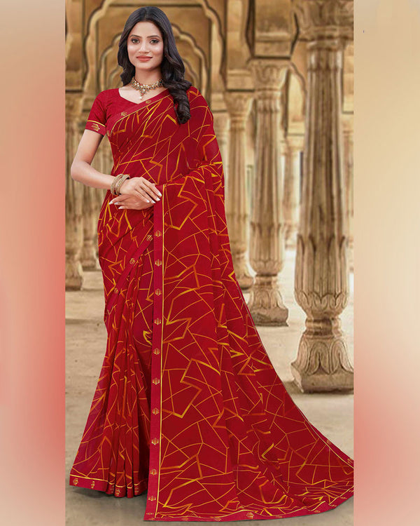 Vishal Prints Dark Red Printed Georgette Saree With Fancy Border