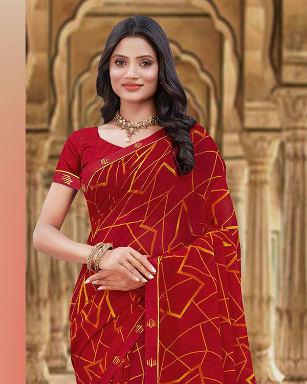 Vishal Prints Dark Red Printed Georgette Saree With Fancy Border