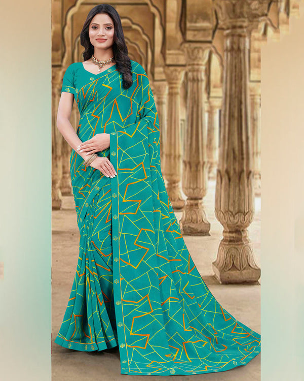 Vishal Prints Teal Blue Printed Georgette Saree With Fancy Border